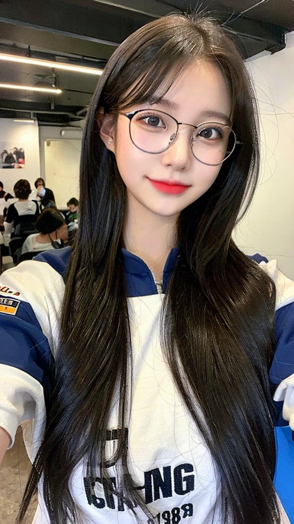 girl 18-year-old Hairstyle Casual, with glasses wearing racing suit in pit room