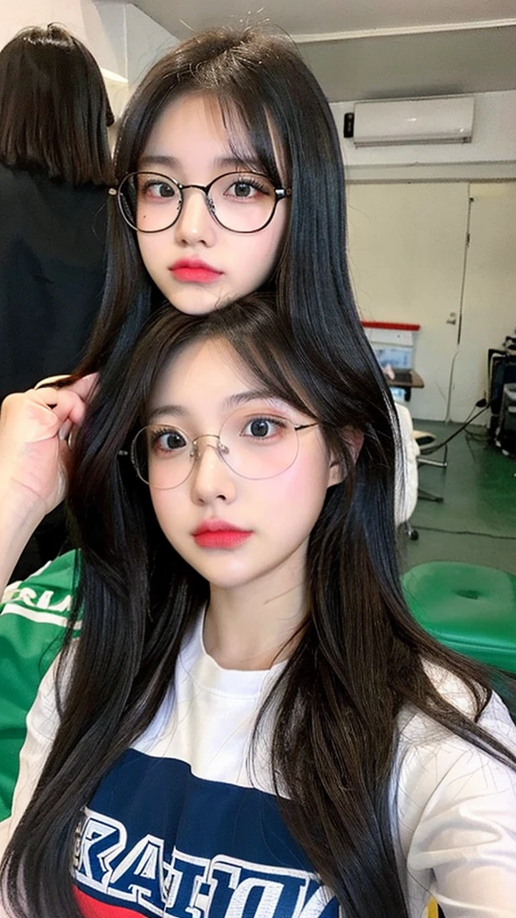 girl 18-year-old Hairstyle Casual,  with glasses wearing racing suit in pit room 