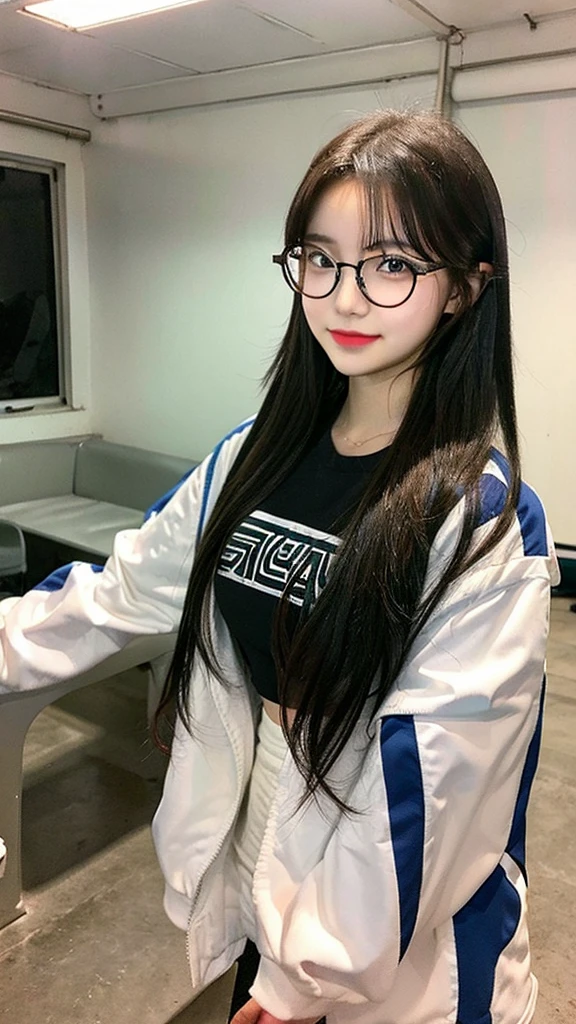 girl 18-year-old Hairstyle Casual, with glasses wearing racing suit in pit room