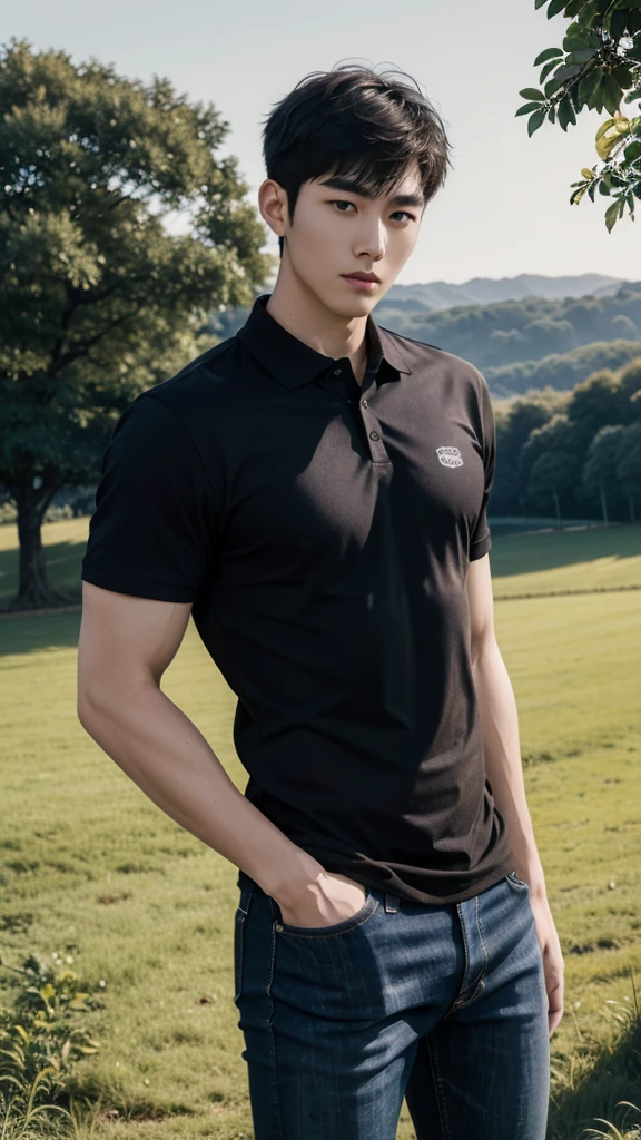 young korean man , 1 boy, white skin , Fine skin, 1 boy, ((realistic)), abdomen, good light quality, muscle veins, ((Pale skin)), football player, (Masterpiece, Special quality, high resolution, 8K, complicated:1.2), (detailed face:1.2), handsome, , Embossed, 1 boy,alone, look at viewer, Balancing the eyes, , (Make eye contact), , black polo shirt, With super tight navy blue jeans., big Embossed (In the countryside:1.5), (field:1.3)