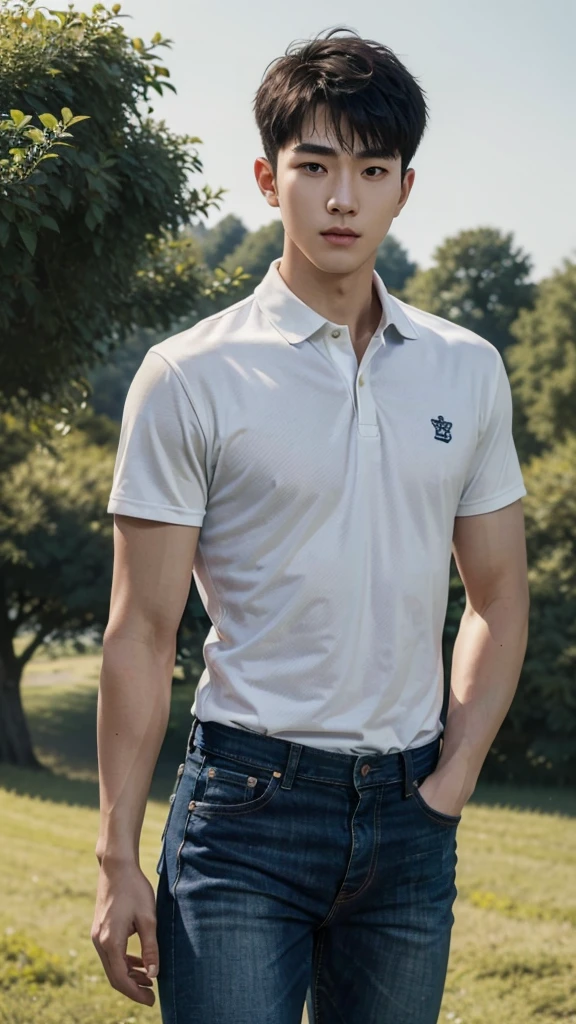 young korean man , 1 boy, white skin , Fine skin, 1 boy, ((realistic)), abdomen, good light quality, muscle veins, ((Pale skin)), football player, (Masterpiece, Special quality, high resolution, 8K, complicated:1.2), (detailed face:1.2), handsome, , Embossed, 1 boy,alone, look at viewer, Balancing the eyes, , (Make eye contact), , black polo shirt, With super tight navy blue jeans., big Embossed (In the countryside:1.5), (field:1.3)