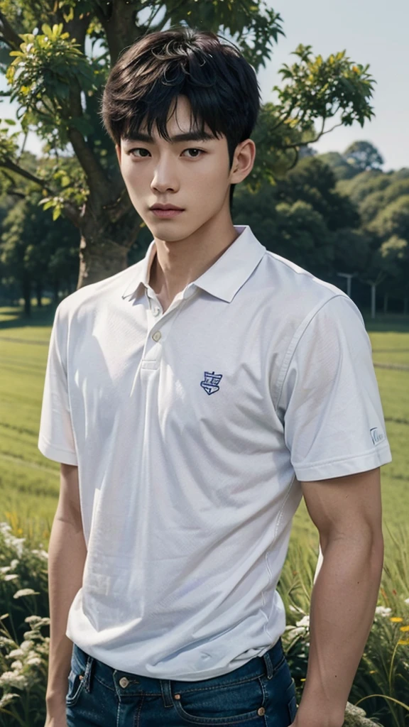 young korean man , 1 boy, white skin , Fine skin, 1 boy, ((realistic)), abdomen, good light quality, muscle veins, ((Pale skin)), football player, (Masterpiece, Special quality, high resolution, 8K, complicated:1.2), (detailed face:1.2), handsome, , Embossed, 1 boy,alone, look at viewer, Balancing the eyes, , (Make eye contact), , black polo shirt, With super tight navy blue jeans., big Embossed (In the countryside:1.5), (field:1.3)