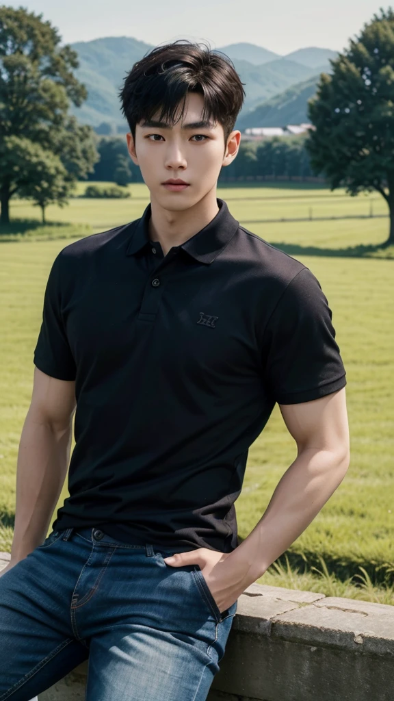 young korean man , 1 boy, white skin , Fine skin, 1 boy, ((realistic)), abdomen, good light quality, muscle veins, ((Pale skin)), football player, (Masterpiece, Special quality, high resolution, 8K, complicated:1.2), (detailed face:1.2), handsome, , Embossed, 1 boy,alone, look at viewer, Balancing the eyes, , (Make eye contact), , black polo shirt, With super tight navy blue jeans., big Embossed (In the countryside:1.5), (field:1.3)