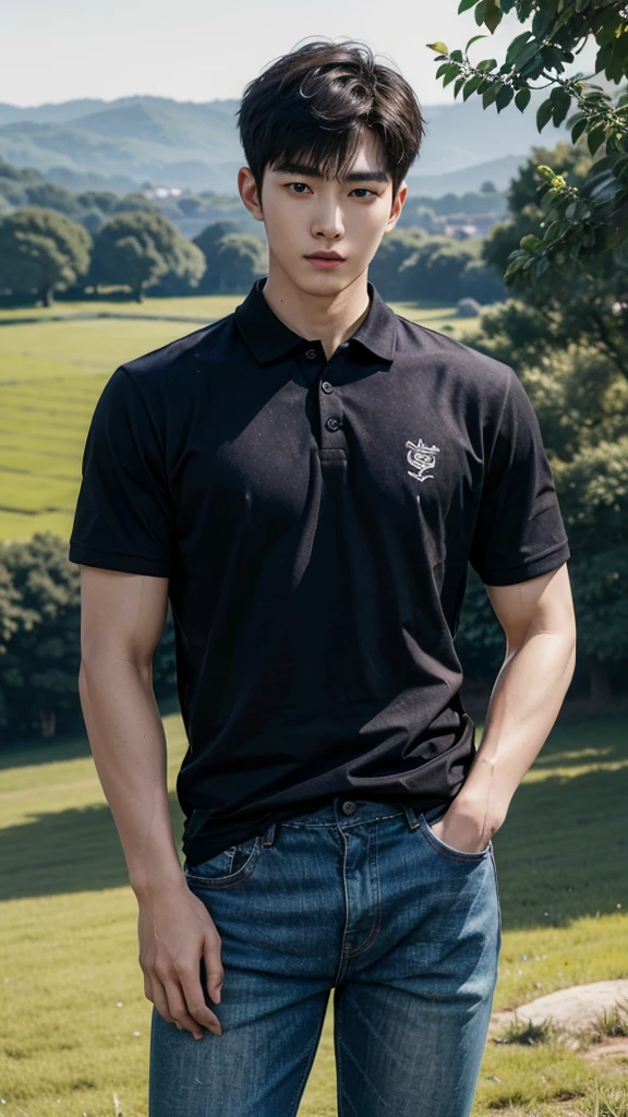 young korean man , 1 boy, white skin , Fine skin, 1 boy, ((realistic)), abdomen, good light quality, muscle veins, ((Pale skin)), football player, (Masterpiece, Special quality, high resolution, 8K, complicated:1.2), (detailed face:1.2), handsome, , Embossed, 1 boy,alone, look at viewer, Balancing the eyes, , (Make eye contact), , black polo shirt, With super tight navy blue jeans., big Embossed (In the countryside:1.5), (field:1.3)