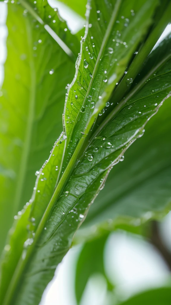 Ultra-clear green leaves，Close Range，dew，reality，Refreshing，