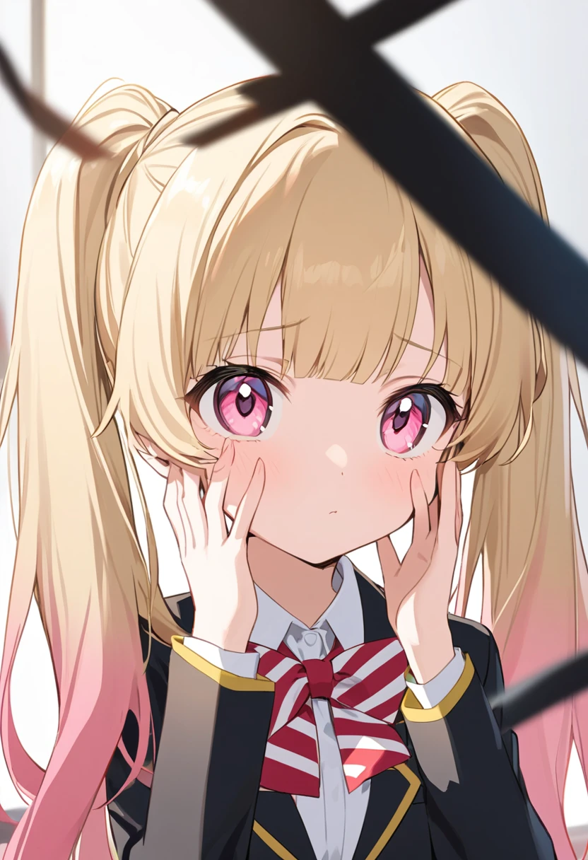 A young anime girl with long, wavy blonde hair tied in twin tails with pink gradient tips and pink eyes. She is wearing a consisting of a white shirt, a red and white striped bow tie, and a black blazer with yellow trim. Her bangs are long and straight, framing her face.