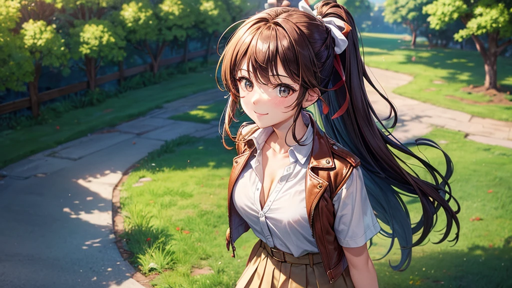 1girl, solo, ((upper view)), full body, summer, village, trees, sun, clouds, ((colorful hair)), ponytail, large full breasts, ((brown leather jacket)), button down shirt, ((white shirt)), ((short sleeved shirt)), ((unbuttoned shirt)), unbuttoning buttons, cleavage 1:3, brown eyes, skirt, smile, looking at the viewer, standing, hair ribbon, golden necklate