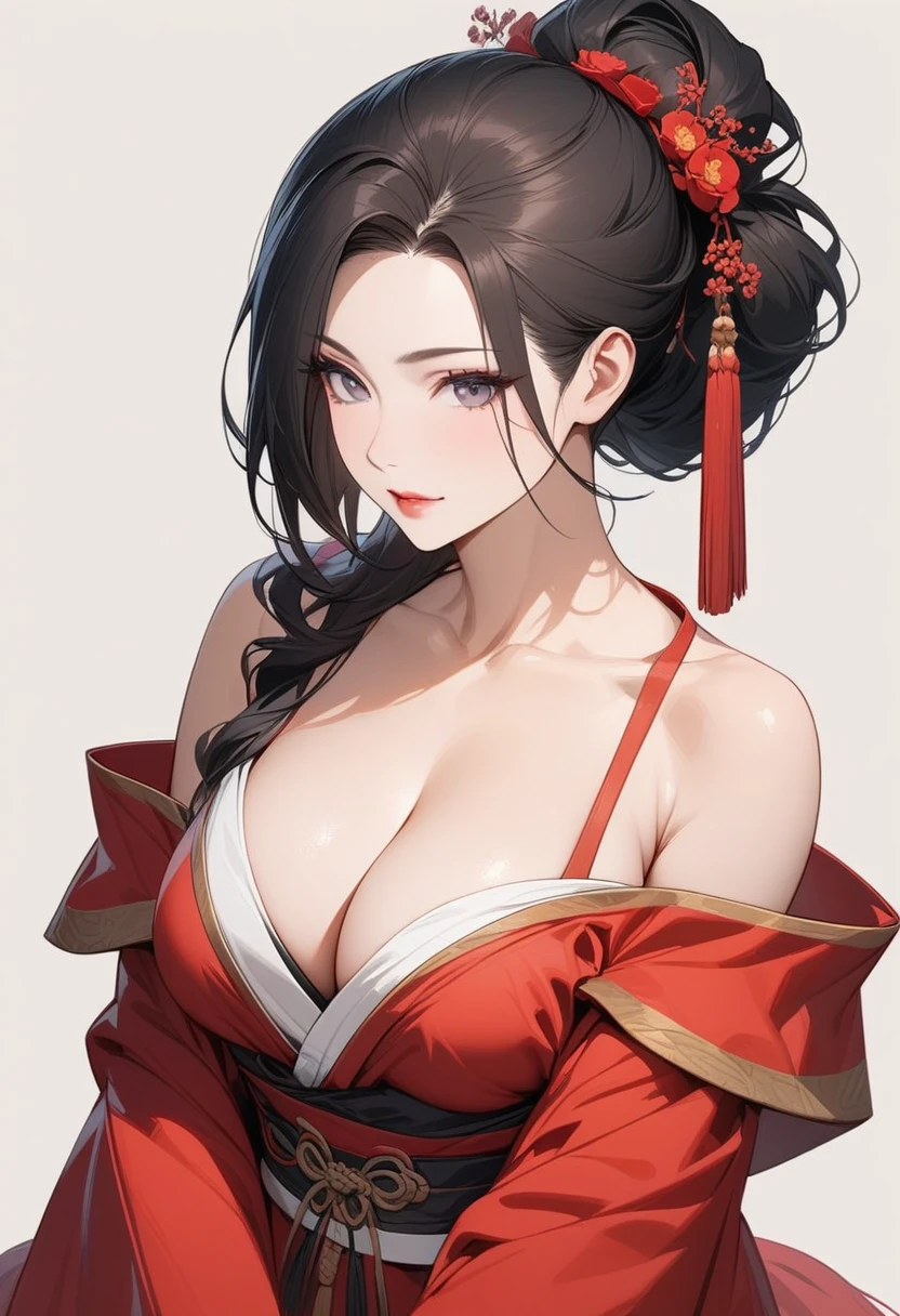 Mature women,Black long hair,Hair up,Red Hanfu,Showing cleavage,Show your shoulders,,Extremely detailed,high resolution,Simple background