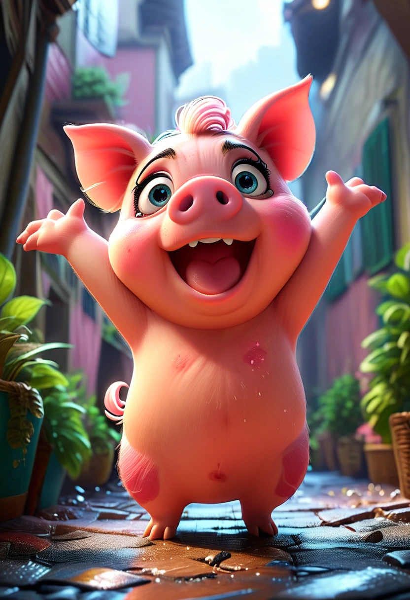 cute pink pig, cartoon,arms, hands ,cute eyes, big pig ears,looking at viewer, arms up, dirty effects, particles, random, dirty background, clothes, dirty