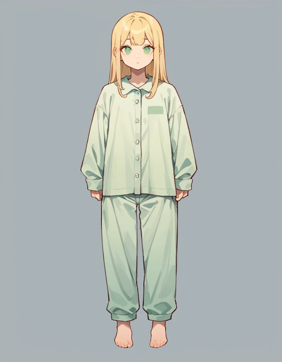 A beautiful, extremely detailed and dynamic girl with stinking green eyes, and Medium-long blonde hair with bangs, wearing a pajama, standing against a simple, plain white background with thick outlines, full body portrait, facing forward, looks like she's playing a game