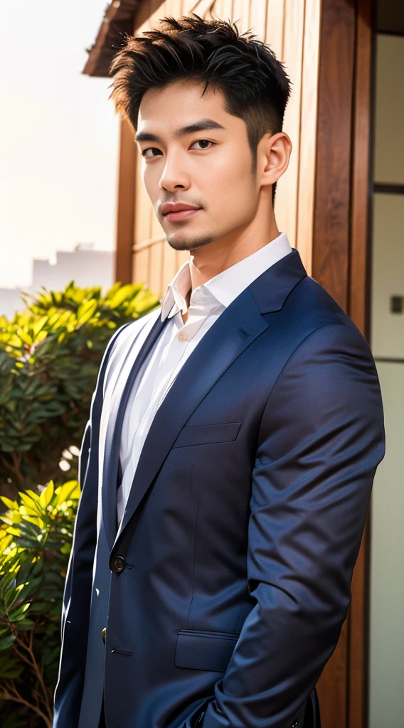 (realistically, Masterpiece, High resolution 8K, good light quality, Portrait, closed on face, complicated details), Handsome Korean Uncle (full body:1.2), Beard,Age 40, Staring at desire, detailed face, Detailed eyes, look at the sky, shirt, suit lac suit,tick,黑Eyes, (Pale skin), body standards,brown hair, smooth hair,Big Back, Outdoor activities, evening, sunset,office room, Exaggerated, impersonal