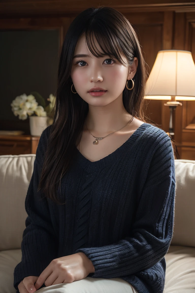 (Highest quality:1.4),(masterpiece:1.4),(Realistic:1.4),(Realistic:1.2),(超High resolution, RAW Photos:1.4),(High resolution, Ultra-detailed:1.2),(8K:1.2),View your viewers,Cinematic photography,One girl,skeletally correct，Black-haired woman，(Small earrings，necklace，Summer knitwear，View from the front),（Western-style building interior，Dimly lit room，The lamplight shines on my cheeks，Sit on the sofa）