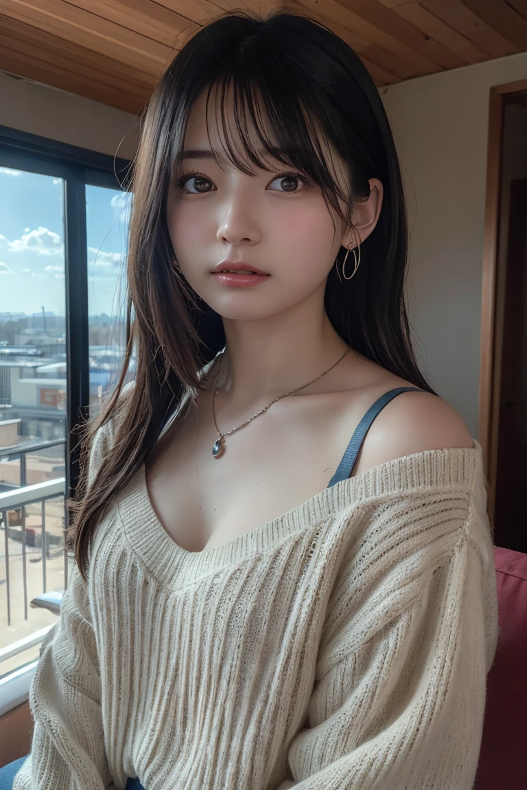 (Highest quality:1.4),(masterpiece:1.4),(Realistic:1.4),(Realistic:1.2),(超High resolution, RAW Photos:1.4),(High resolution, Ultra-detailed:1.2),(8K:1.2),View your viewers,Cinematic photography,One girl,skeletally correct，Black-haired woman，(Small earrings，necklace，Summer knitwear，View from the front),（Western-style building interior，Dimly lit room，The lamplight shines on my cheeks，Sit on the sofa）