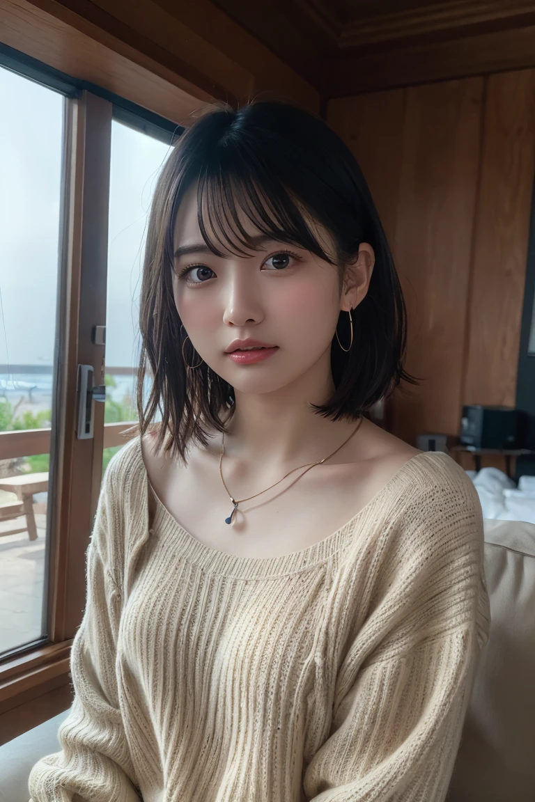 (Highest quality:1.4),(masterpiece:1.4),(Realistic:1.4),(Realistic:1.2),(超High resolution, RAW Photos:1.4),(High resolution, Ultra-detailed:1.2),(8K:1.2),View your viewers,Cinematic photography,One girl,skeletally correct,Black-haired woman,(Small earrings,necklace,Summer knitwear,View from the front),(Western-style building interior,Dimly lit room,The lamplight shines on my cheeks,Sit on the sofa)
