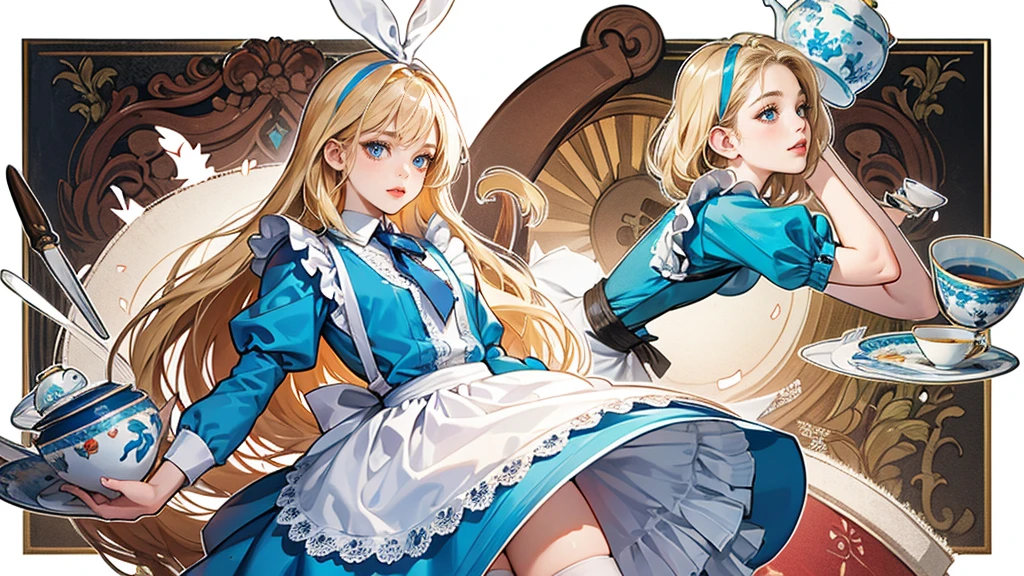 masterpiece, Highest quality, Portraiture, One Girl, (Alice in Wonderland:1.2), Blue clothes, White apron, Blonde, blue eyes, Usagi, Trump, Tea cup, White lace thigh high socks, Miniskirt lift, Dynamic pose,Retro
