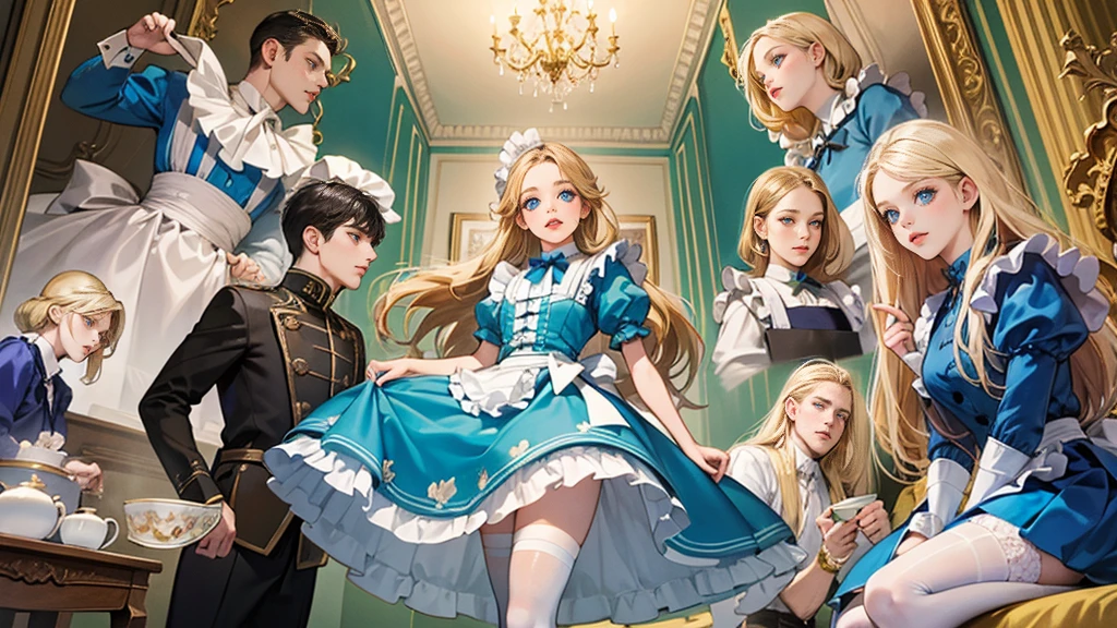 masterpiece, Highest quality, Portraiture, One Girl, (Alice in Wonderland:1.2), Blue clothes, White apron, Blonde, blue eyes, Usagi, Trump, Tea cup, White lace thigh high socks, Miniskirt lift, Dynamic pose,Retro