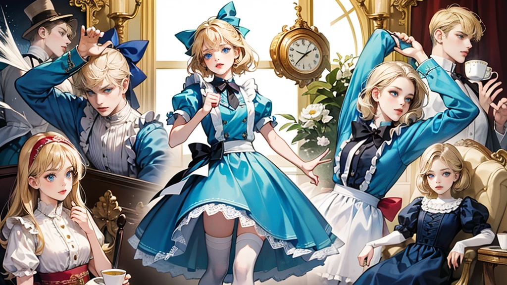 masterpiece, Highest quality, Portraiture, One Girl, (Alice in Wonderland:1.2), Blue clothes, White apron, Blonde, blue eyes, Usagi, Trump, Tea cup, White lace thigh high socks, Miniskirt lift, Dynamic pose,Retro
