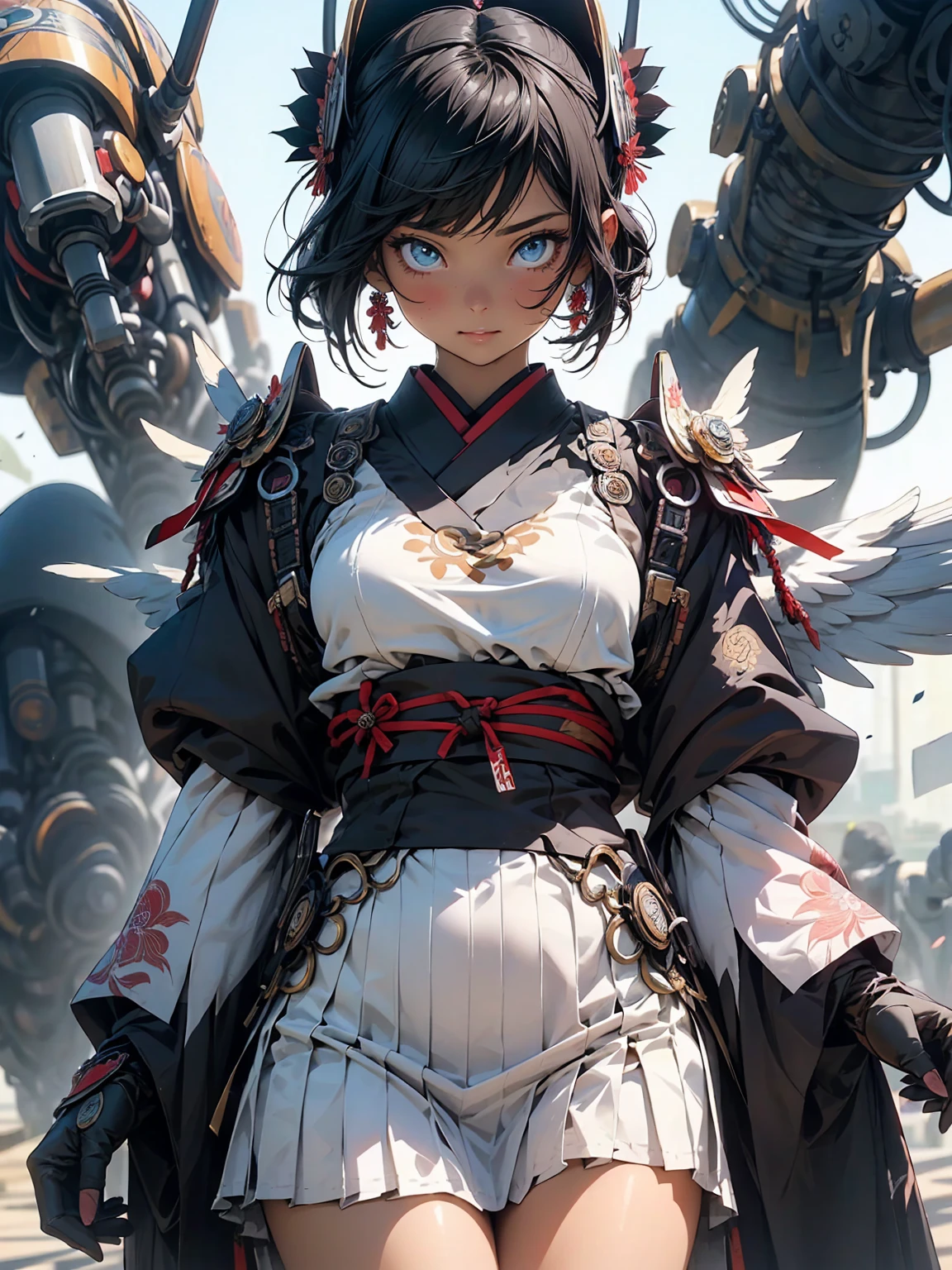 (Subtle manga style:1.1), Cool Beauty, (One Woman:1.0), (20-year-old:1.0), (Small breasts:1.2), Fractal Art、Abstract background、(Wide Shot:1.0), (Depth of written boundary:1.1), Blake、（Anime Face:1.0), (Clear blue eyes:1.0), (Cybernetic Genoid:1.1), (Very detailed mech suit:1.3), (Long golden hair:1.0), (black luxury samurai kimono）、（Skirt:1.3), (Decorative embroidery:1.0), (Angel Wings:1.1), high class mechanical armor、Hawken、Close your mouth、Detailed face、Detailed eyes