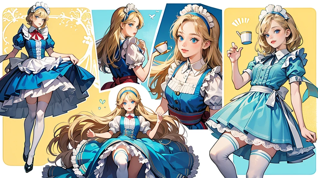 masterpiece, Highest quality, Portraiture, One Girl, (Alice in Wonderland:1.2), Blue clothes, White apron, Blonde, blue eyes, Usagi, Trump, Tea cup, White lace thigh high socks, Miniskirt lift, Dynamic pose,Retro