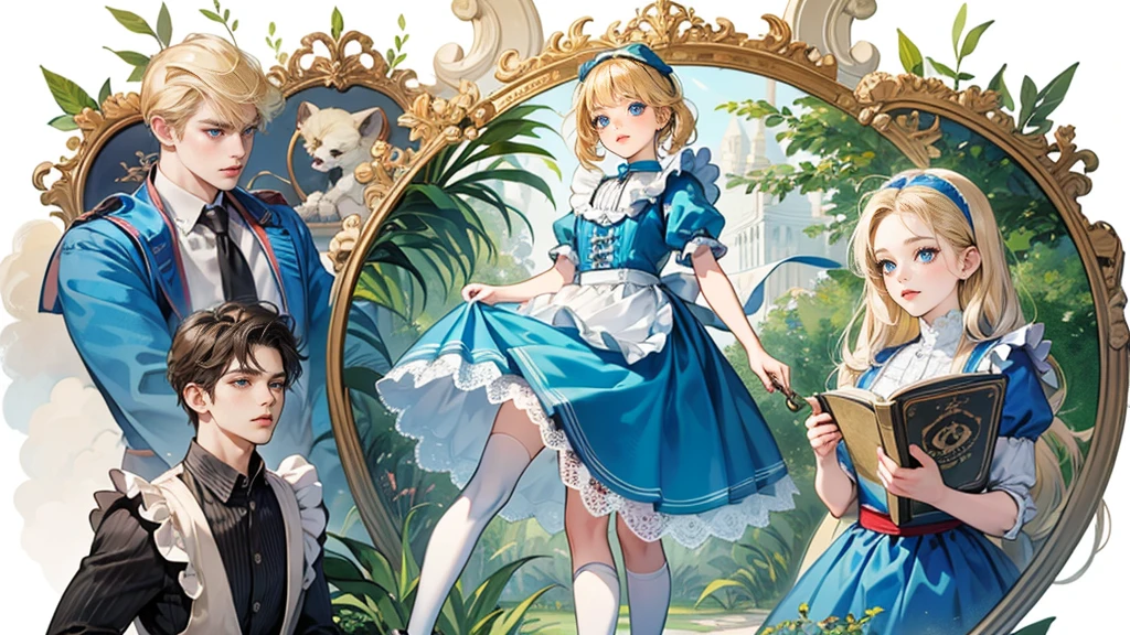 masterpiece, Highest quality, Portraiture, One Girl, (Alice in Wonderland:1.2), Blue clothes, White apron, Blonde, blue eyes, Usagi, Trump, Tea cup, White lace thigh high socks, Miniskirt lift, Dynamic pose,Retro