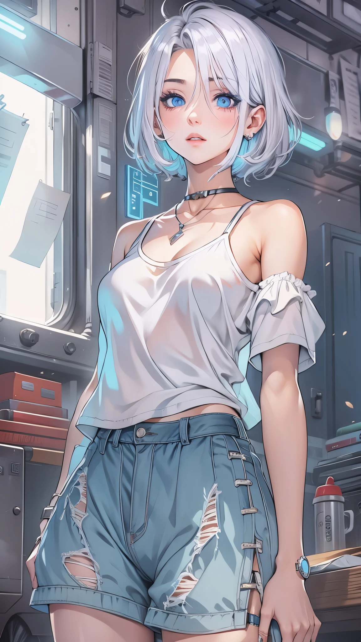 female,silver hair,blue eyes,short camisole,crop shirt,Off shoulders,white,Art, anime,illustration