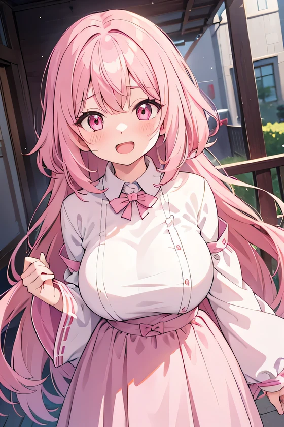 girl, cute anime girl, laughing, open mouth, beautiful hair style, pink hair, long hair, messy hair, big eyes, pink eyes, , blushing, girl
