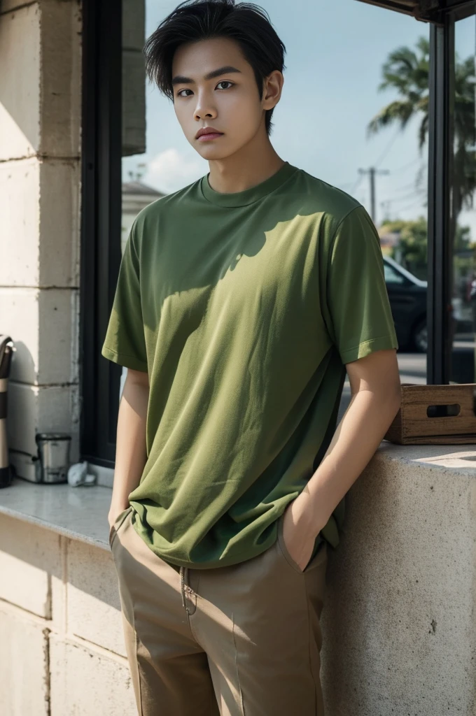Young man in a green shirt Standing on the roadside with a serious expression, looking into the distance,Eyebrows frowned.,He looked worried.,Turn your head slightly.,Cloudy day, coffee shop