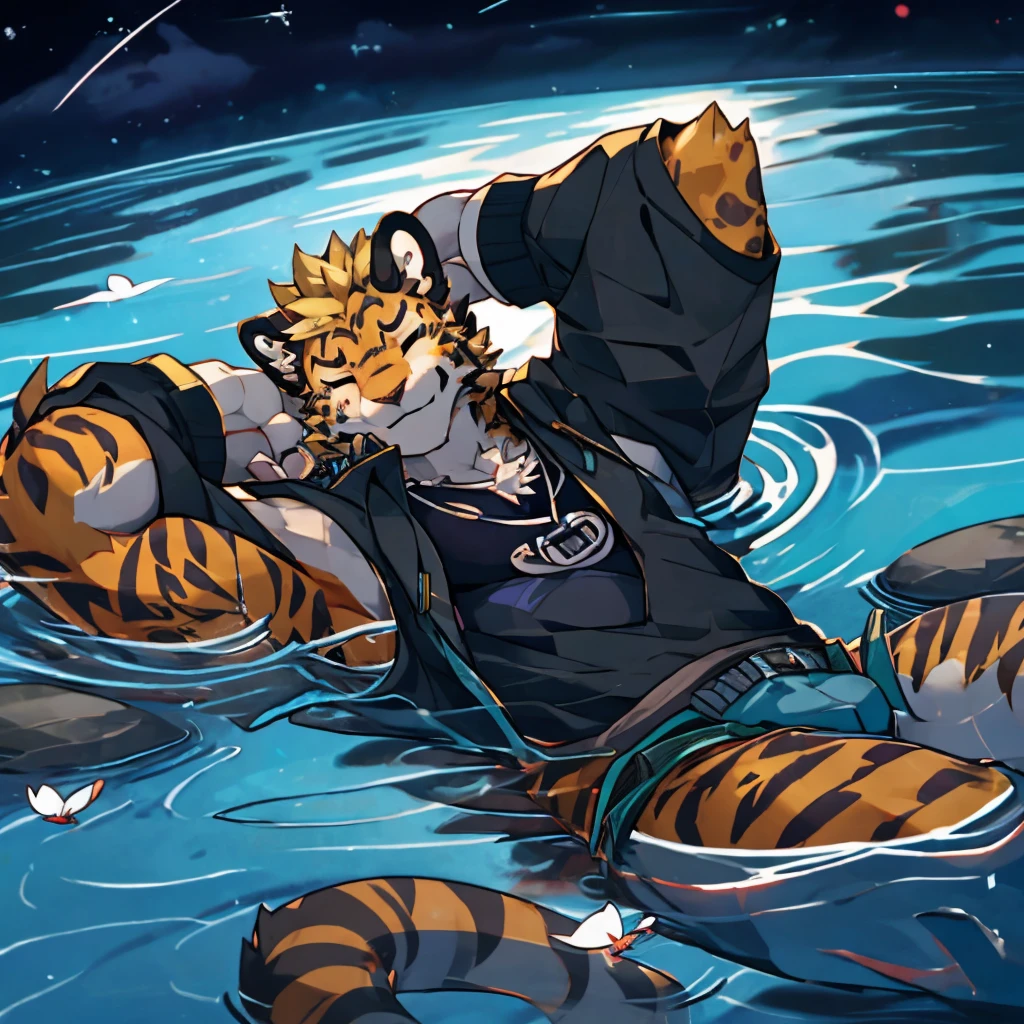 Sci-fi style，Virtual Wind，Aesthetic，Night，juvenile，Golden fur，Blonde hair，Leopard，With eyes closed，sleep，Lying on the water，Wearing fashionable short sleeves，There are water-like ripples and an electronic butterfly in the background