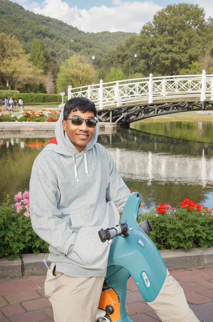 there is a man sitting on a scooter in front of a pond, wearing a hoodie and flowers, with a park in the background, with a park in the background, in a park, park in the background, in a park, in a park de la ciudad, in the park, vacation photo, Photo taken with Canon 5D, Riyahd Cassiem