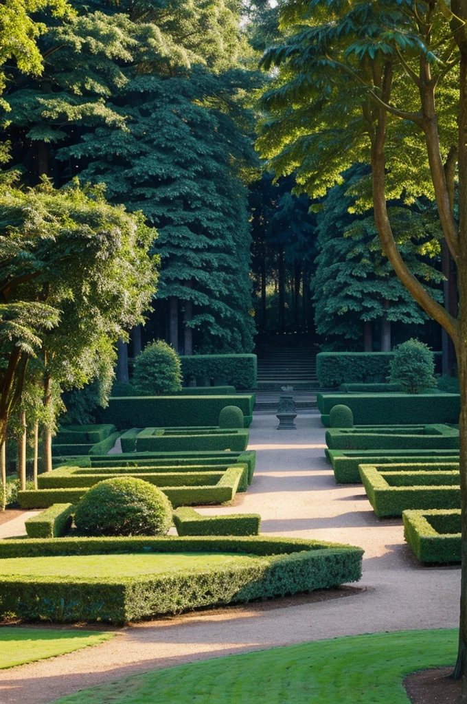 Garden with maze of tall trees behind a palace 