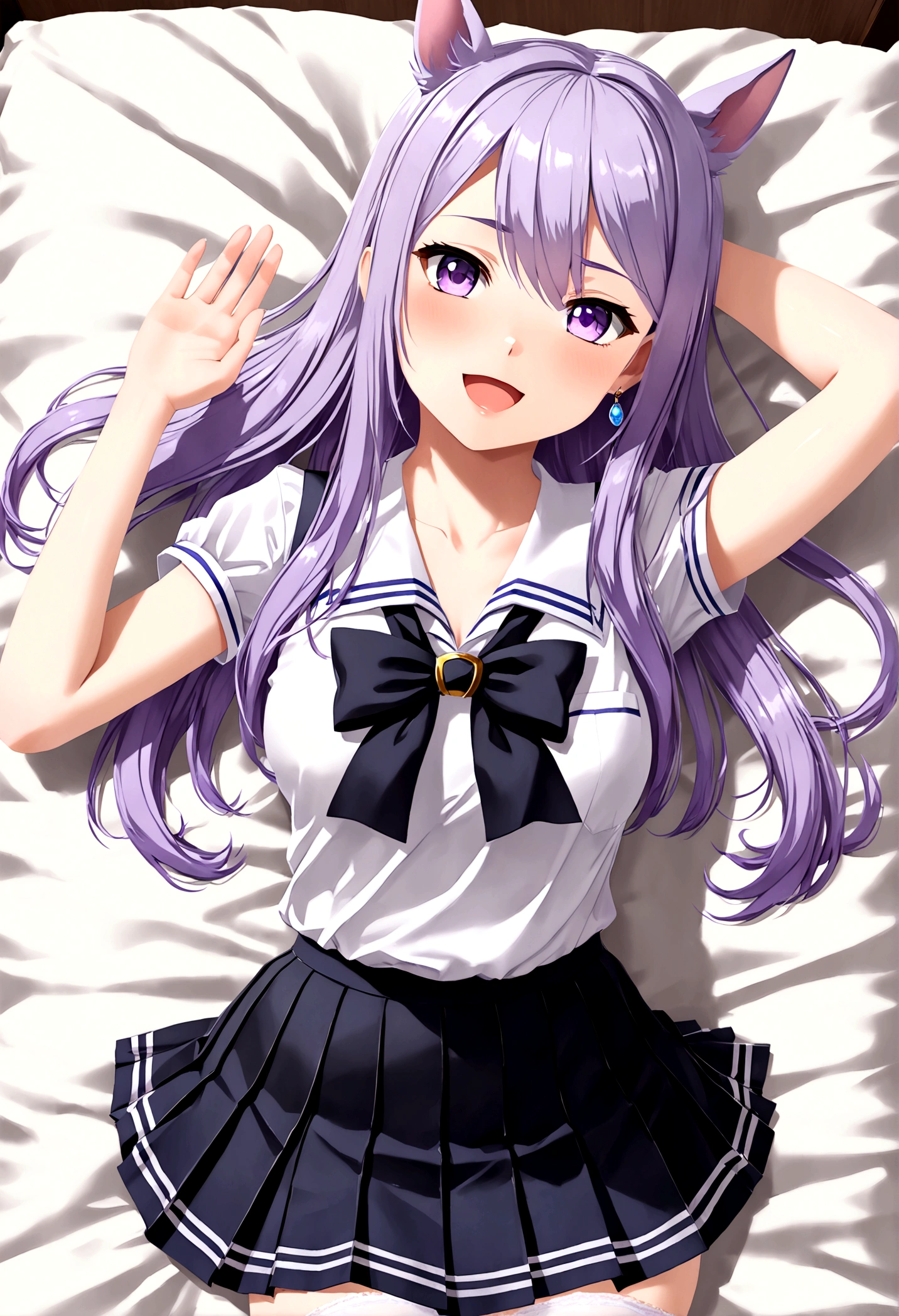 ((8K, Best Quality, masterpiece, Highly detailed)),{{{NSFW}}},Semi-realistic illustrations,Mejiro McQueen \(umamusume\),{1 girl,beautiful girl,cute,smile,kawaii, lovely,blushing,playful expression},sharp focus,oily skin,beautiful detailed hair,glossy hair,(wear school uniform:1.5),(two nipples slip from school uniform:1.2)(NSFW),erection-of-nipples,(lying on the bed:1.2),wear long school skirt,perfect two legs,(spread two legs:1.2),(show-off-white-panties:1.3),five fingers,large breaths,wear black pantyhose,beautiful detailed eyes,jewel like eyes,violet eyes, (two hands behind head:1.1),open mouth,armpits, solo,beautiful navel, looking at viewer,collarbone,earring