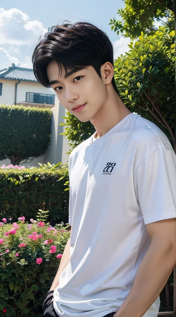 (As a matter of fact, Masterpiece, 8k HD, good light quality, sportswear, fit the face, complicated details), Handsome Korean young man, 20 years old, be happy, smile brightly, detailed face, delicate eyes, มองดูsky, Wear casual clothes, period, black eyes, Black hair color, ผมsmooth, smooth, outdoor sports, Along the garden, Sunny,sky，Surreal，Awesome details，Highest quality，real，