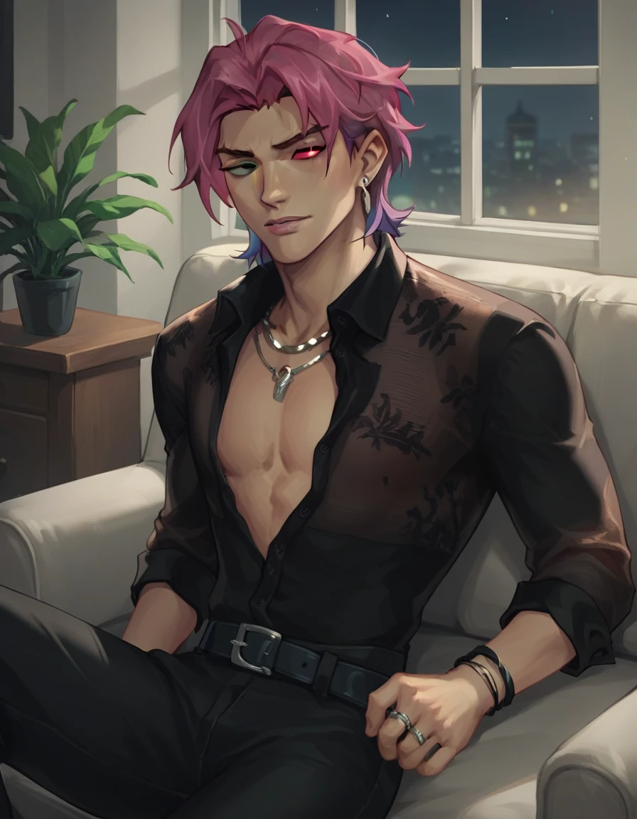 score_9, score_8_up, score_7_up, hs kayn, solo, looking at viewer, shirt, 1boy, jewelry, sitting on sofa, upper body, pink hair, male focus, earrings, open clothes, collared shirt, belt, pants, necklace, bracelet, black shirt, open shirt, dress shirt, black pants open, ring, pectorals, belt buckle, pectoral cleavage, heterochromia, green eyes, red eyes, nsfw
zPDXL, indoors, night