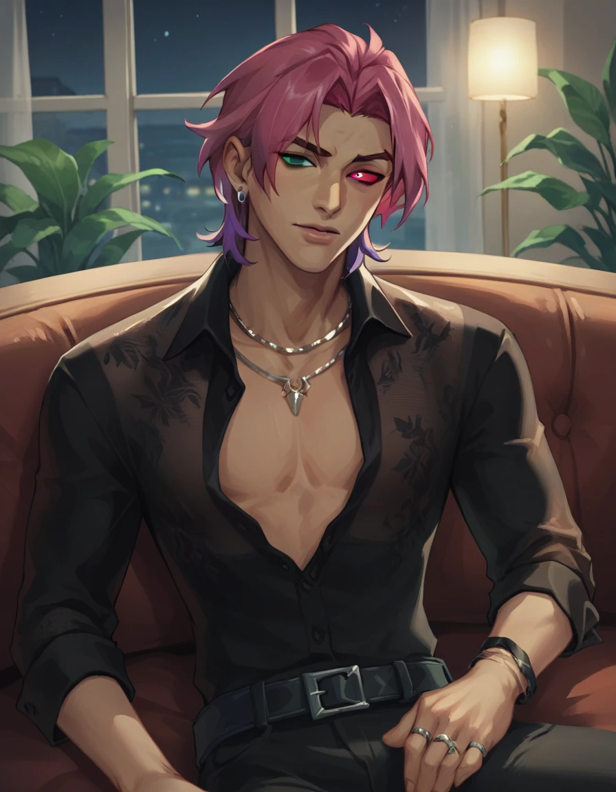 score_9, score_8_up, score_7_up, hs kayn, solo, looking at viewer, shirt, 1boy, jewelry, sitting on sofa, upper body, pink hair, male focus, earrings, open clothes, collared shirt, belt, pants, necklace, bracelet, black shirt, open shirt, dress shirt, black pants open, ring, pectorals, belt buckle, pectoral cleavage, heterochromia, green eyes, red eyes, nsfw
zPDXL, indoors, night