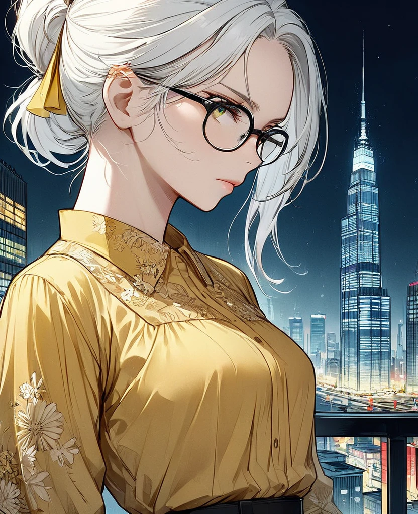 work of art,best qualityer,High definition,4K,waist up view,close up(1 ,20 years old, Madura),alone((skin fair )),((a yellow blouse)),long hair with ponytail ,White hair,(glassesgreenheart),(natta,natta city,skyscraper, city lights),from sideways,(serious face)