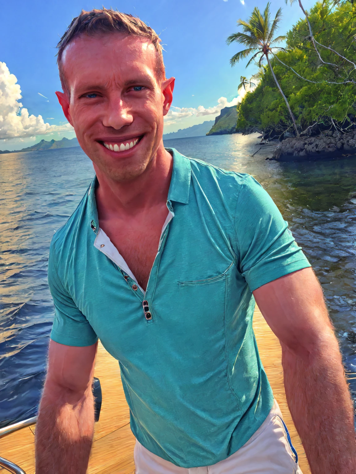 a handsome man, Todder8, Todder1 short hair, perfect facial features, RAW, UHD, 8K, looking at camera, on a yacht at sea, vacation photography, island paradise, colorful Hawaiian shirt, photorealistic, dynamic lighting, perfect day, [smiling]