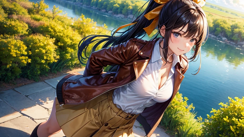 1girl, solo, ((upper view)), full body, summer, village, trees, sun, clouds, ((colorful hair)), ponytail, large full breasts, ((brown leather jacket)), button down shirt, ((white shirt)), ((short sleeved shirt)), ((unbuttoned shirt)), unbuttoning buttons, cleavage 1:3, brown eyes, skirt, smile, looking at the viewer, standing, hair ribbon, golden necklate
