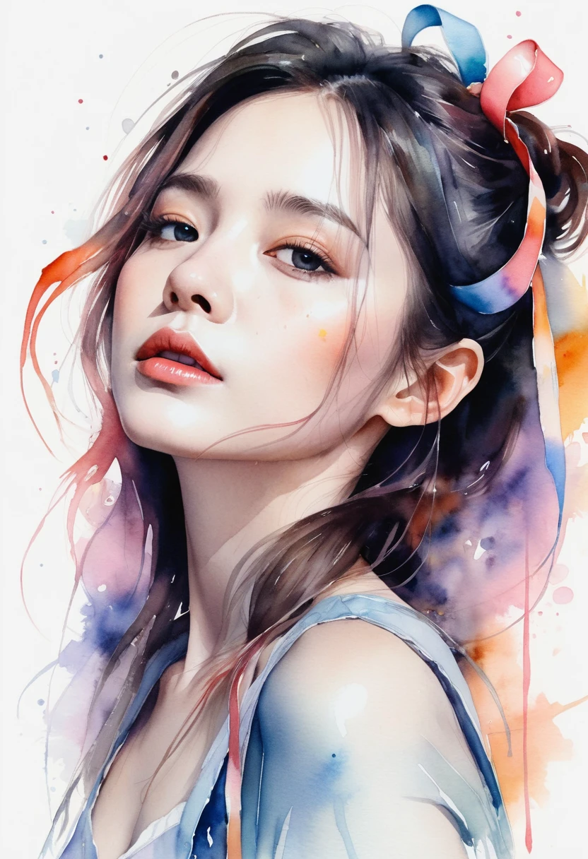 (8k, best quality, masterpiece:1.2),(best quality:1.0), (ultra highres:1.0), watercolor, a beautiful woman, shoulder, hair ribbons, by agnes cecile, half body portrait, extremely luminous bright design, pastel colors, (ink:1.3), autumn lights,
