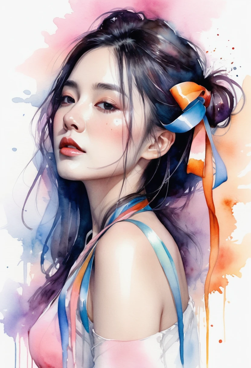(8k, best quality, masterpiece:1.2),(best quality:1.0), (ultra highres:1.0), watercolor, a beautiful woman, shoulder, hair ribbons, by agnes cecile, half body portrait, extremely luminous bright design, pastel colors, (ink:1.3), autumn lights,