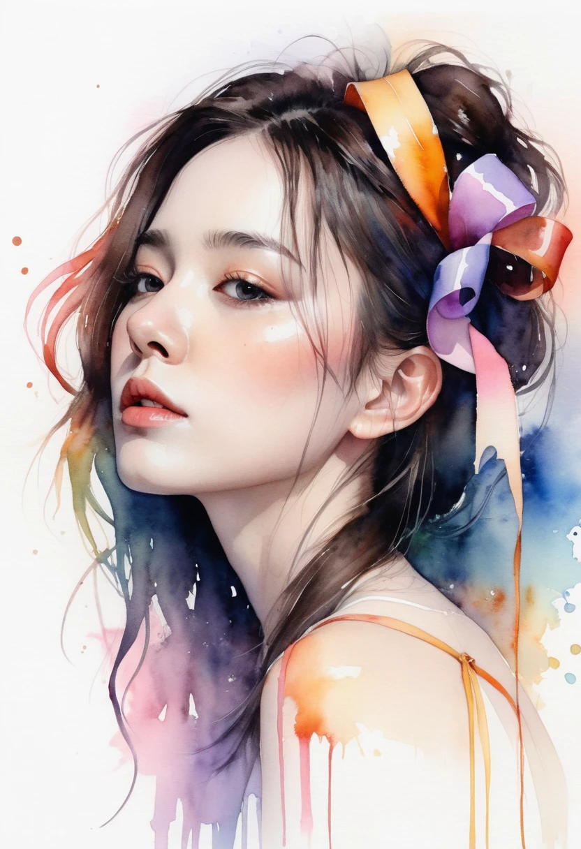 (8k, best quality, masterpiece:1.2),(best quality:1.0), (ultra highres:1.0), watercolor, a beautiful woman, shoulder, hair ribbons, by agnes cecile, half body portrait, extremely luminous bright design, pastel colors, (ink:1.3), autumn lights,