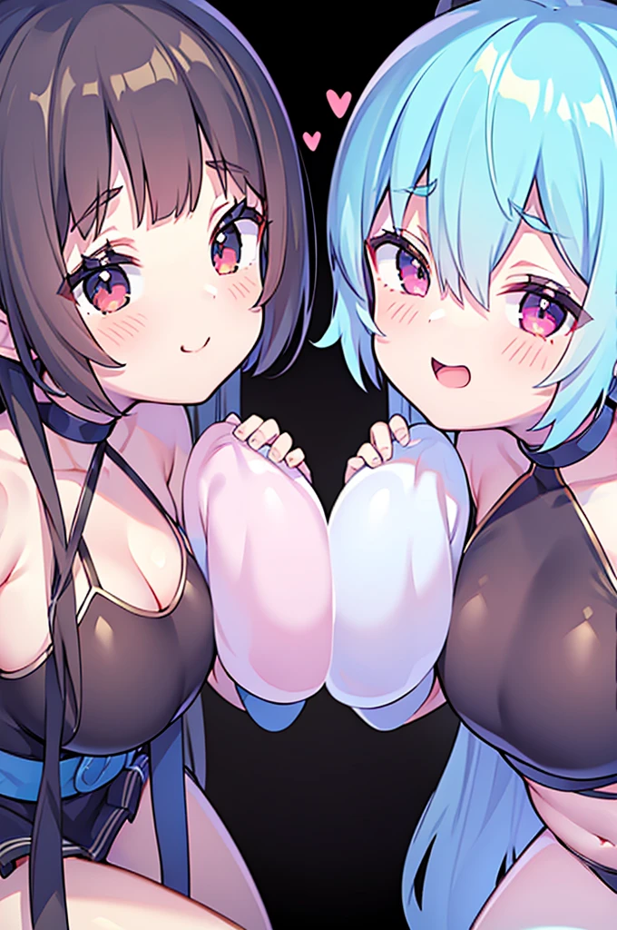 Cute two girls with skirt belly punch in the corner of the ring,((masterpiece)),long hair,beautiful white skin、 ((charming))、happy smile、perfect proportions、(((Kickboxing)))、(((Mixed wrestling))), cute woman, baby face, BREAK source_anime, high detail, looking at viewer,POV, large chest, best quality, highly detailed, young face, white background,Droopy eyes,relaxed face,she attacks,frilly skirt,heart hair ornament