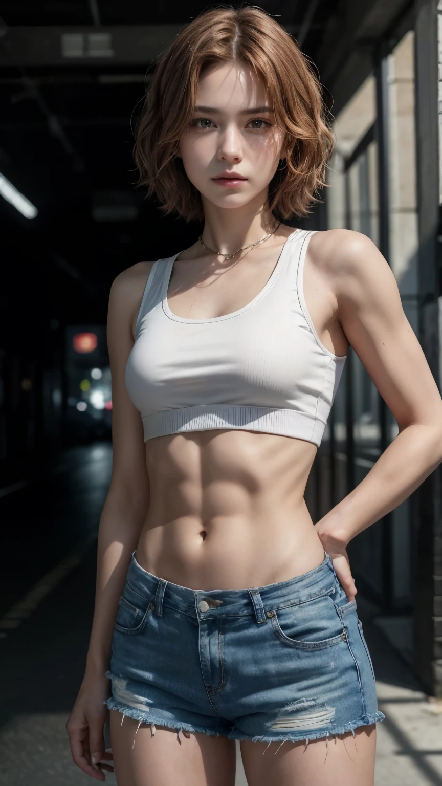((Mid-chest, Tomboy, Small Head)), Dawn, sunlight, (Trained abdominal muscles : 1.1), (Perfect body : 1.1), (Short Wavy Hair : 1.2) , Auburn Hair, collar, Lock, Full Body Shot, Crowded street, Wearing a black tank top, Jeans jacket, ((Shorts)), (Highly detailed CG 8K wallpaper), (Very delicate and beautiful), (masterpiece), (Highest quality:1.0), (ultra High resolution:1.0),  Beautiful lighting ,Perfect Lightning, Realistic Shadows, [High resolution], Detailed skin, Super detailed 