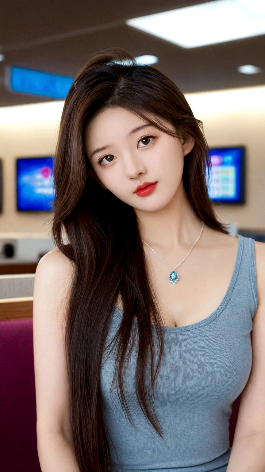 extreme close-up of beautiful Chinese female, big nose, straight long hair, 38 inch breasts size, necklace, wearing fitting tank top, sitting in terminal lounge, bokeh background, UHD