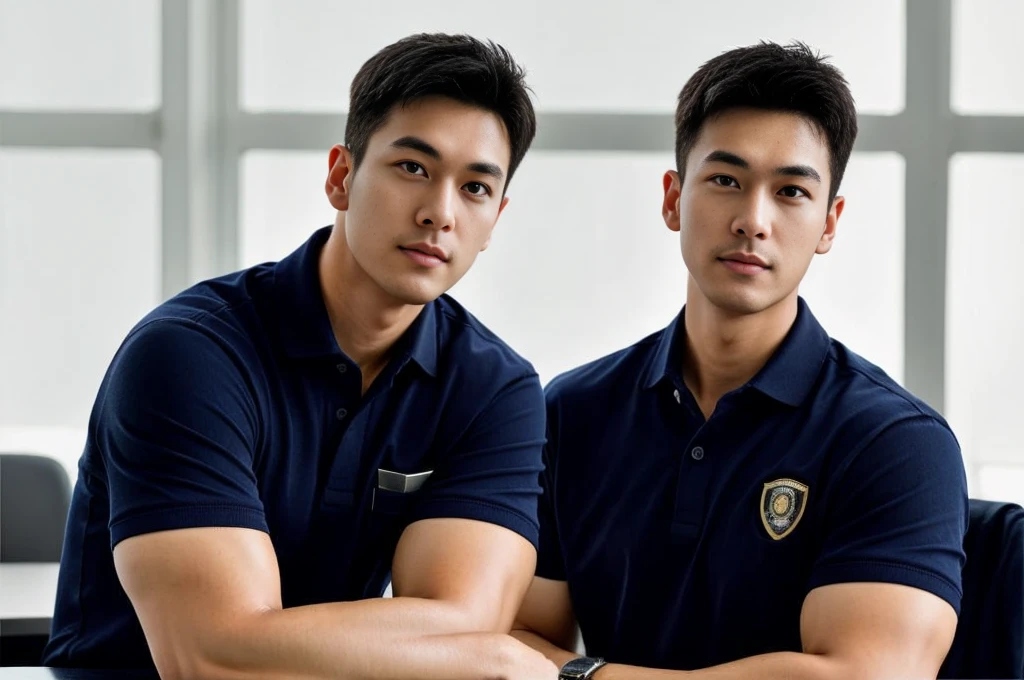 A male police officer in his 20s poses for a group photo., Wear a navy blue polo shirt., high resolution, Masterpiece, best quality, head:1.3,, Smooth and fine skin, clear focus, (movie light), during the night, gentle light, Dynamic angle, (detailed face:1.2), (((exercise))), sport, His arm muscles were very big., hand in crotch, in his office
