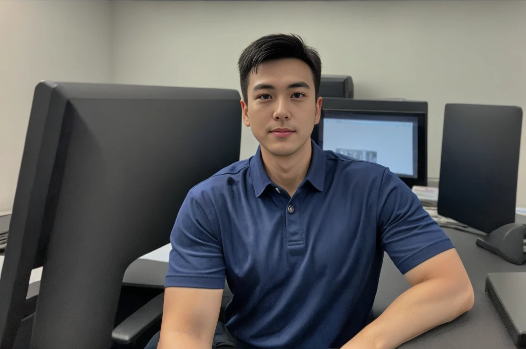 A male police officer in his 20s poses for a group photo., Wear a navy blue polo shirt., high resolution, Masterpiece, best quality, head:1.3,, Smooth and fine skin, clear focus, (movie light), during the night, gentle light, Dynamic angle, (detailed face:1.2), (((exercise))), sport, His arm muscles were very big., hand in crotch, in his office