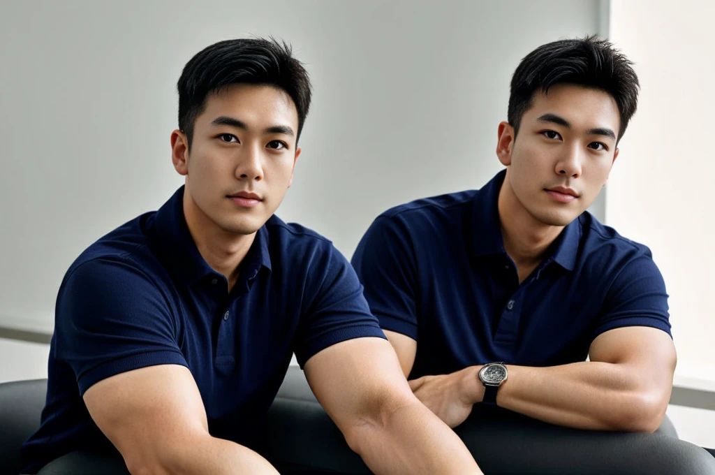 A male police officer in his 20s poses for a group photo., Wear a navy blue polo shirt., high resolution, Masterpiece, best quality, head:1.3,, Smooth and fine skin, clear focus, (movie light), during the night, gentle light, Dynamic angle, (detailed face:1.2), (((exercise))), sport, His arm muscles were very big., hand in crotch, in his office