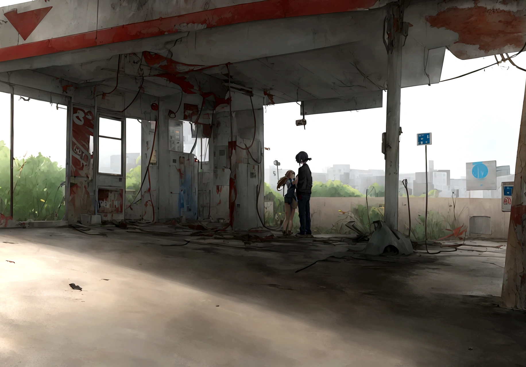 both standing in an abandoned gas station