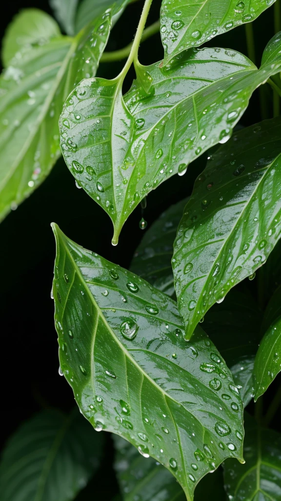 Ultra-clear green leaves,Leaves facing down,Hanging dewdrops,Close Range,dew,reality,Refreshing,Show the details,Clean dark background