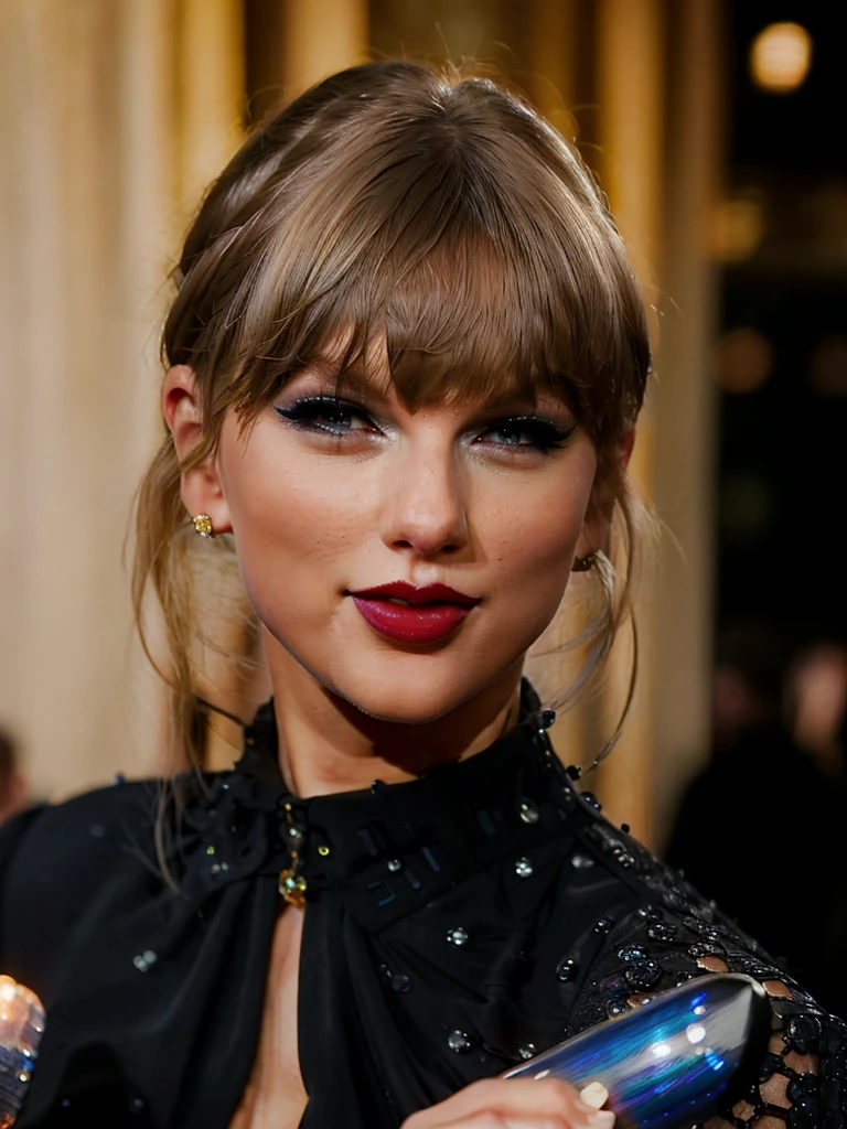 photorealistic portrait of 1 woman, xtaylor, swift, detailed lips, extremely detailed face, makeup, sexy gothic dress, holding a microphone, from the waist up, on the scene, (best quality,4k,8k,highres,masterpiece:1.2),ultra-detailed,(realistic,photorealistic,photo-realistic:1.37),studio lighting,vivid colors,portrait