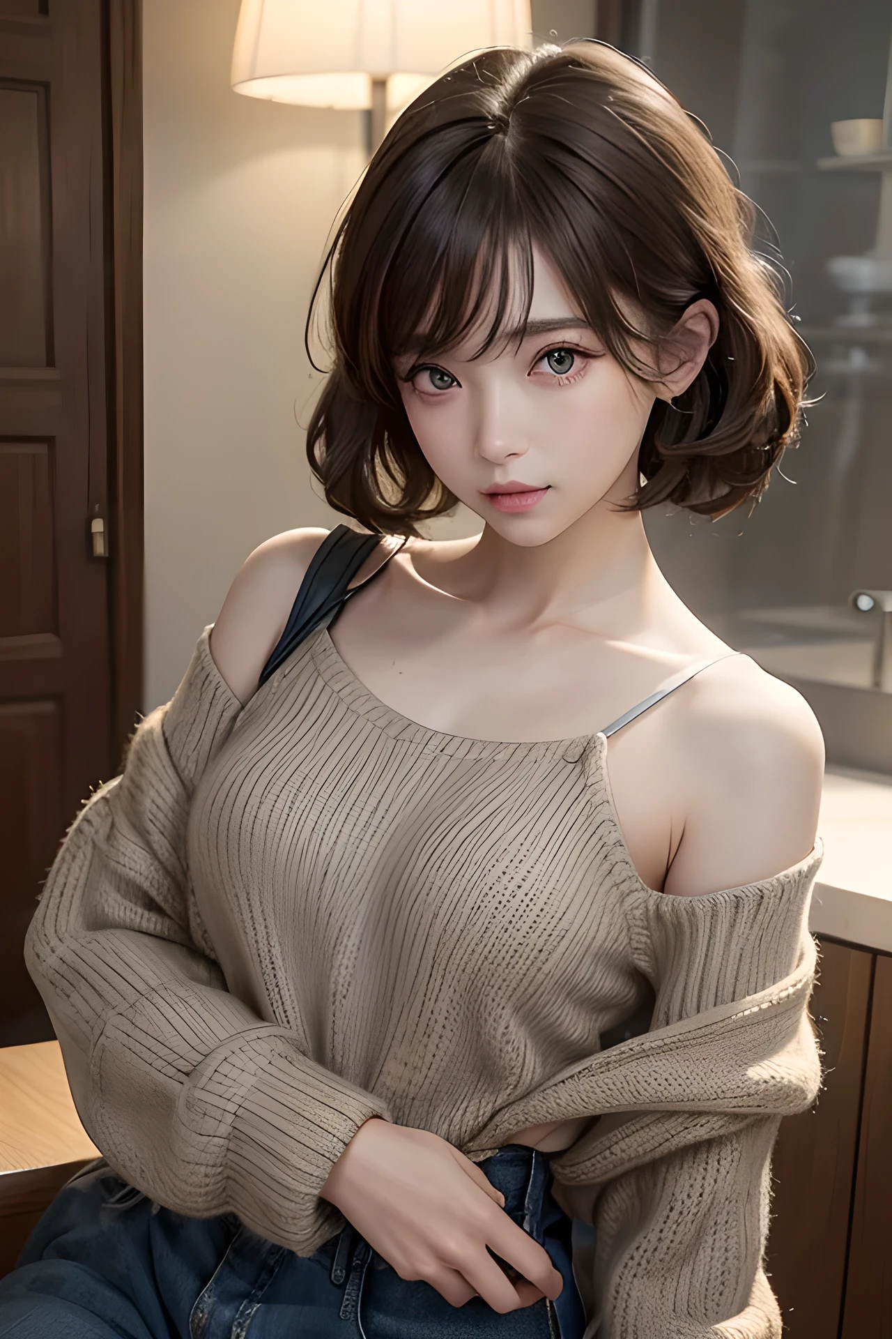 (masterpiece:1.3), (8K, Photorealistic, Raw photo, Best image quality: 1.4), Japanese high school girl full body front、(Random Hairstyles:1.2)、Super detailed face、Attention to detail、double eyelid、Sharp focus:1.2、Beautiful woman:1.4、Light brown hair、Highest quality、masterpiece、Ultra-high resolution、(Photorealistic:1.4)、Highly detailed and professionally lit smile、Loose, lightweight knitwear、Shoulder out、thin、Serious expression、Short-haired、Modern cafe